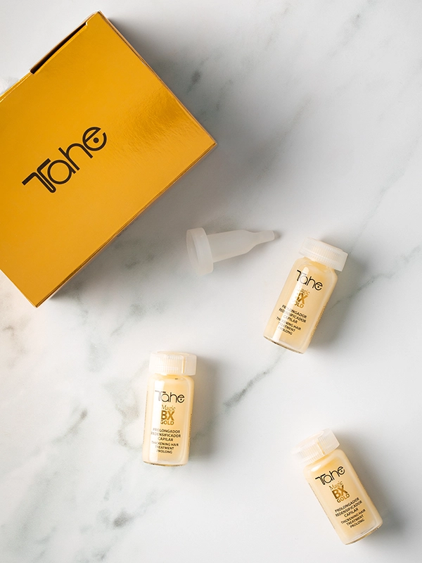 Tratamiento capilar Tahe BX Gold con vitamina C para brillo y protección.