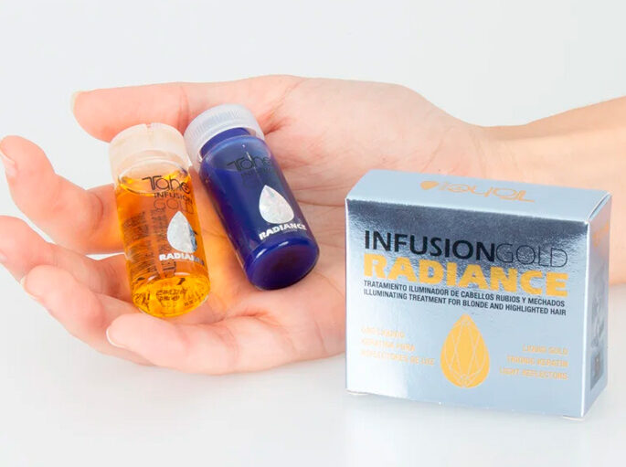 Tratamiento Infusion Gold Radiance de Tahe, ideal para cabello rubio o con mechas.