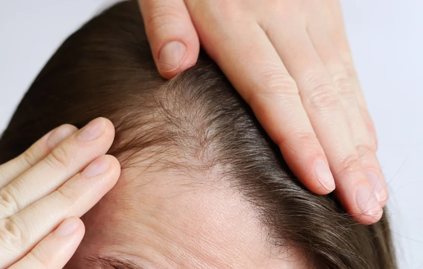 "Persona mostrando el cuero cabelludo con síntomas de irritación o pérdida de cabello.