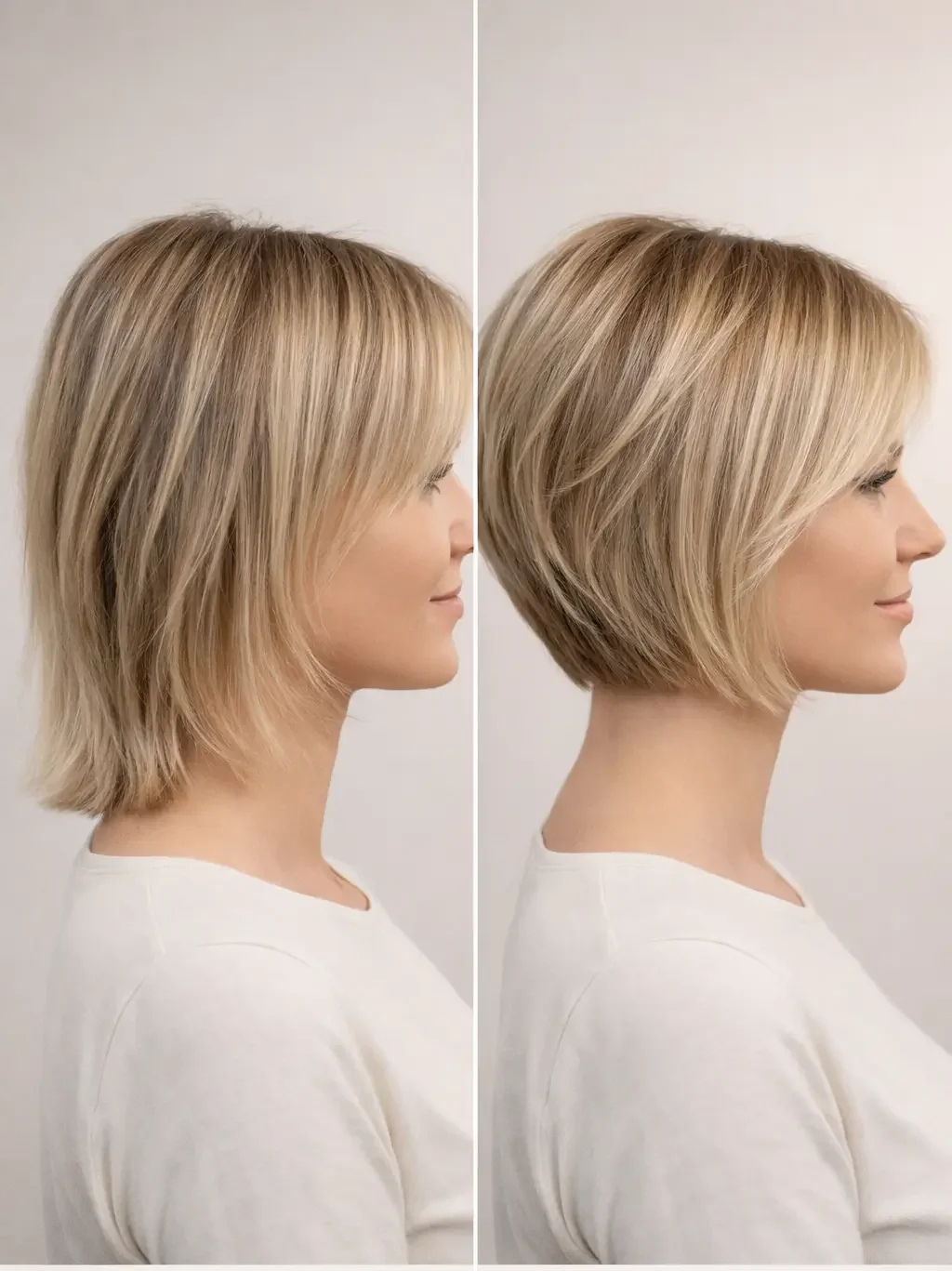 Modelo con pelo fino antes y después de su corte bob