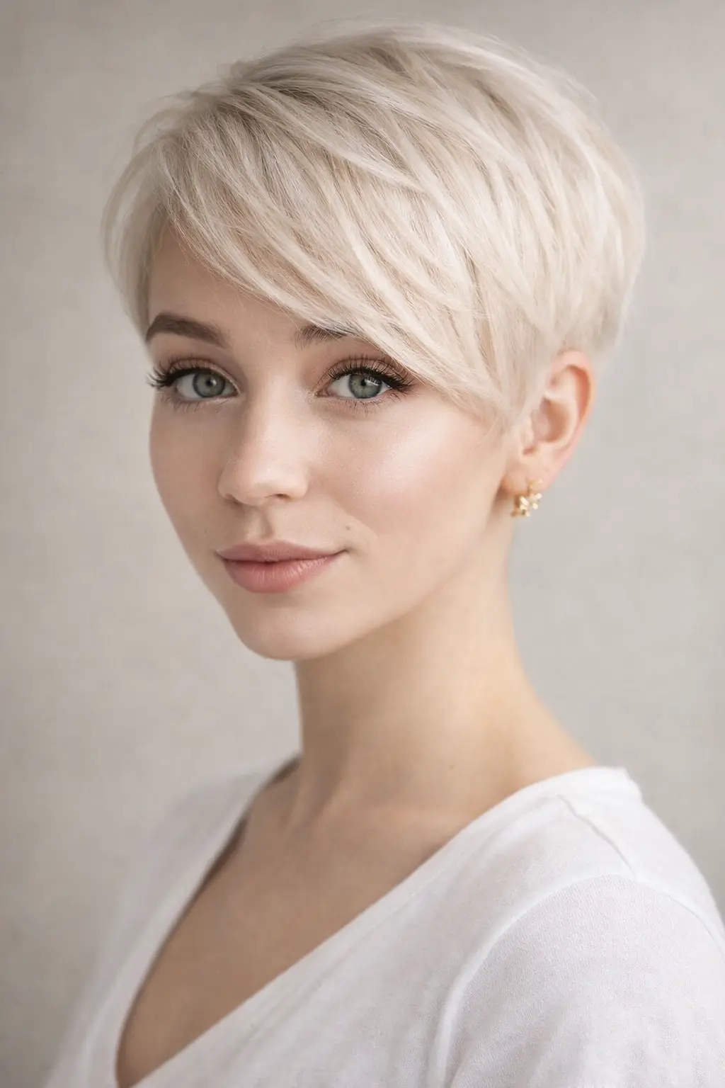 Modelo con pelo fino con un corte Pixie