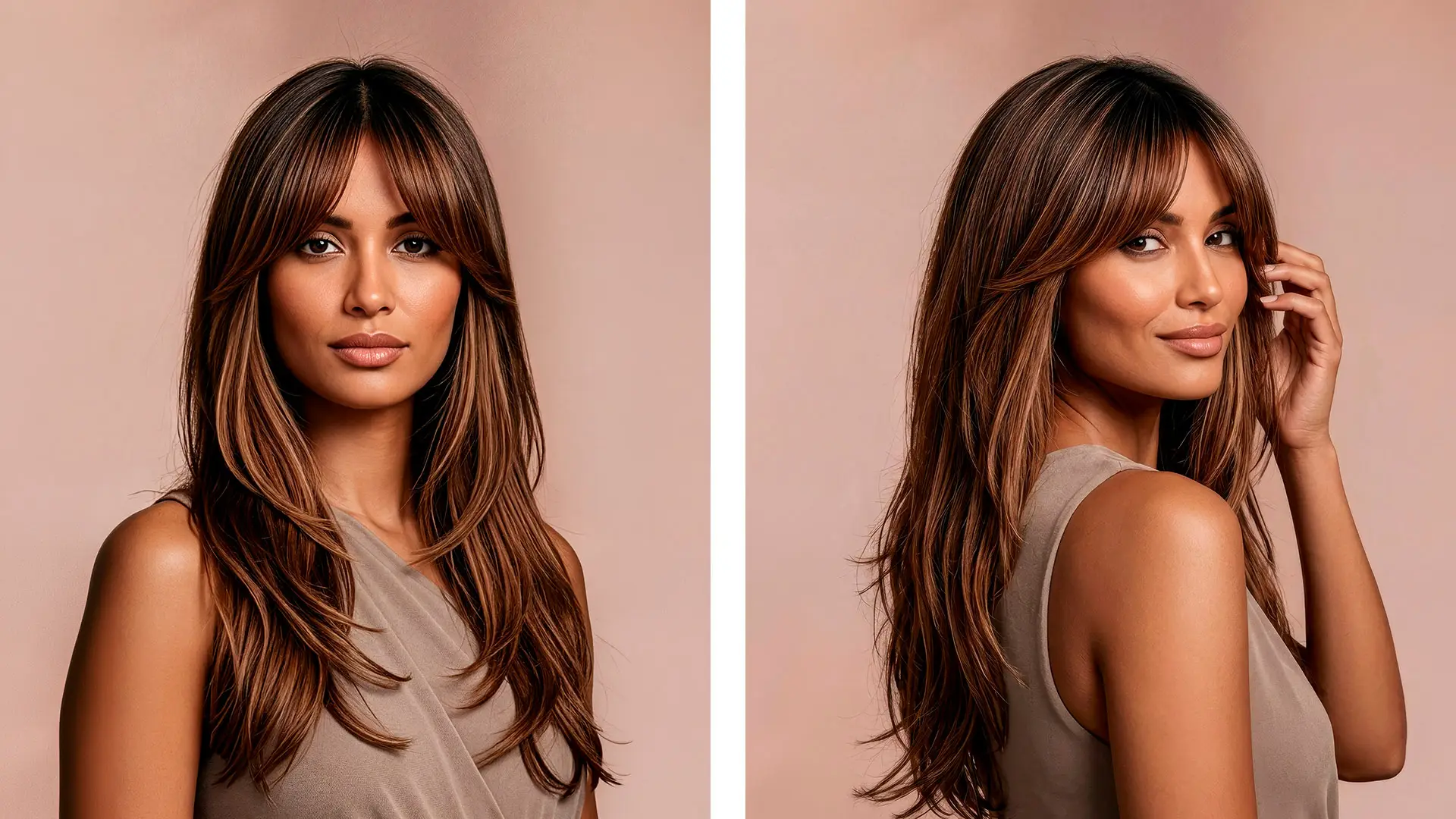 Modelo con color de pelo castaño chocolate con reflejos caramelo