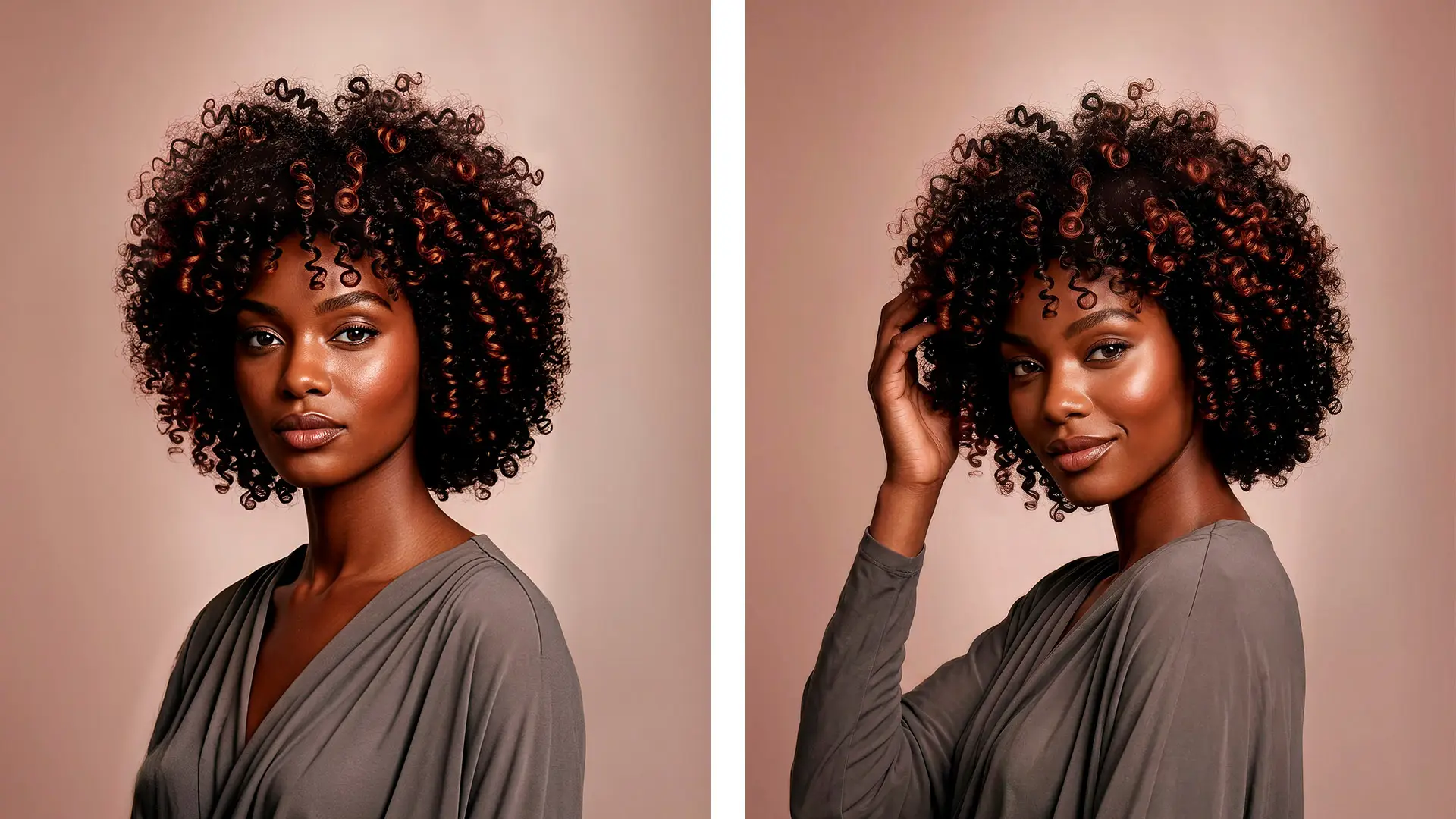 Modelo con cabello rizado castaño con reflejos cobrizos