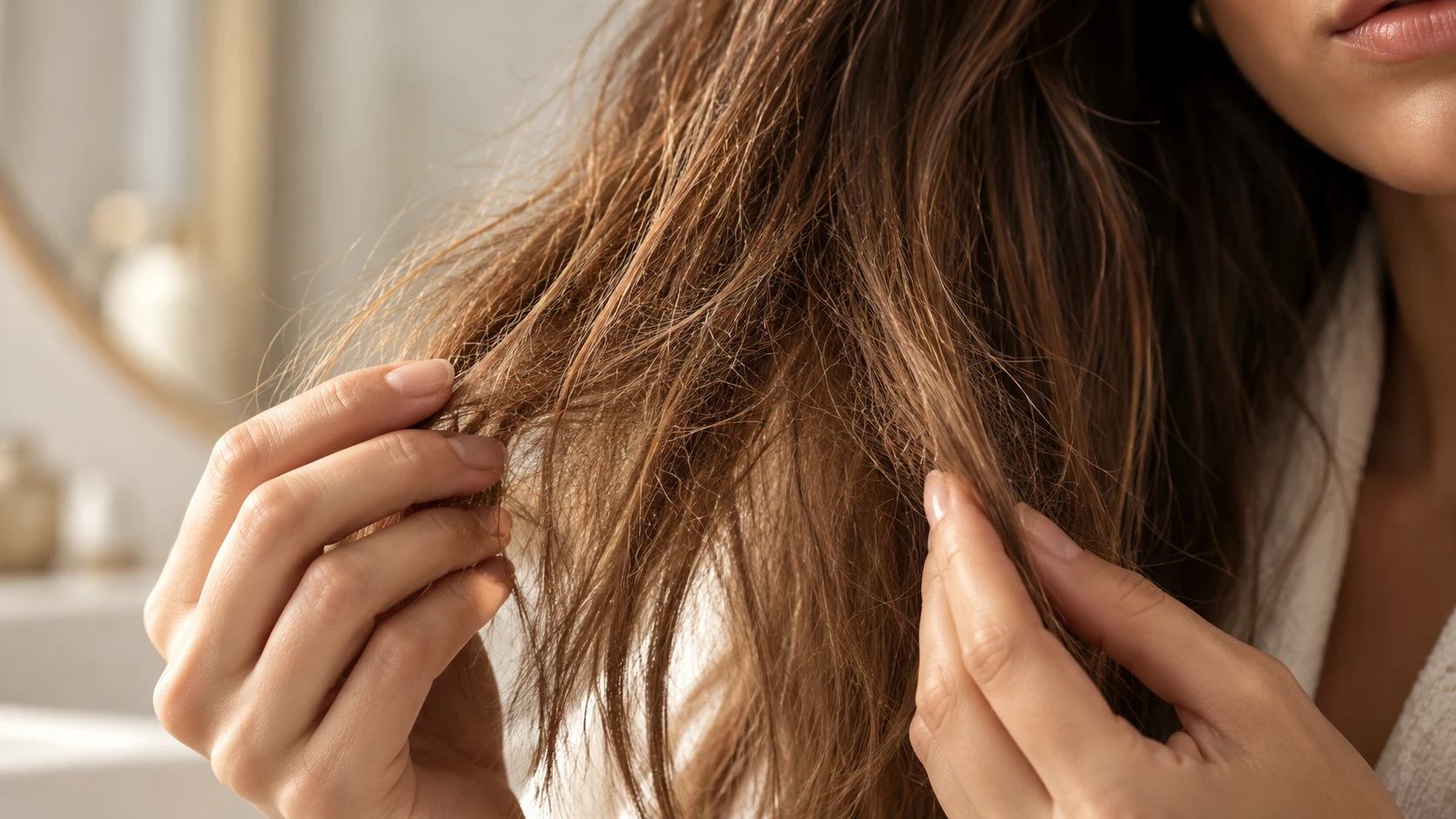 Mujer con el pelo seco y deshidratado